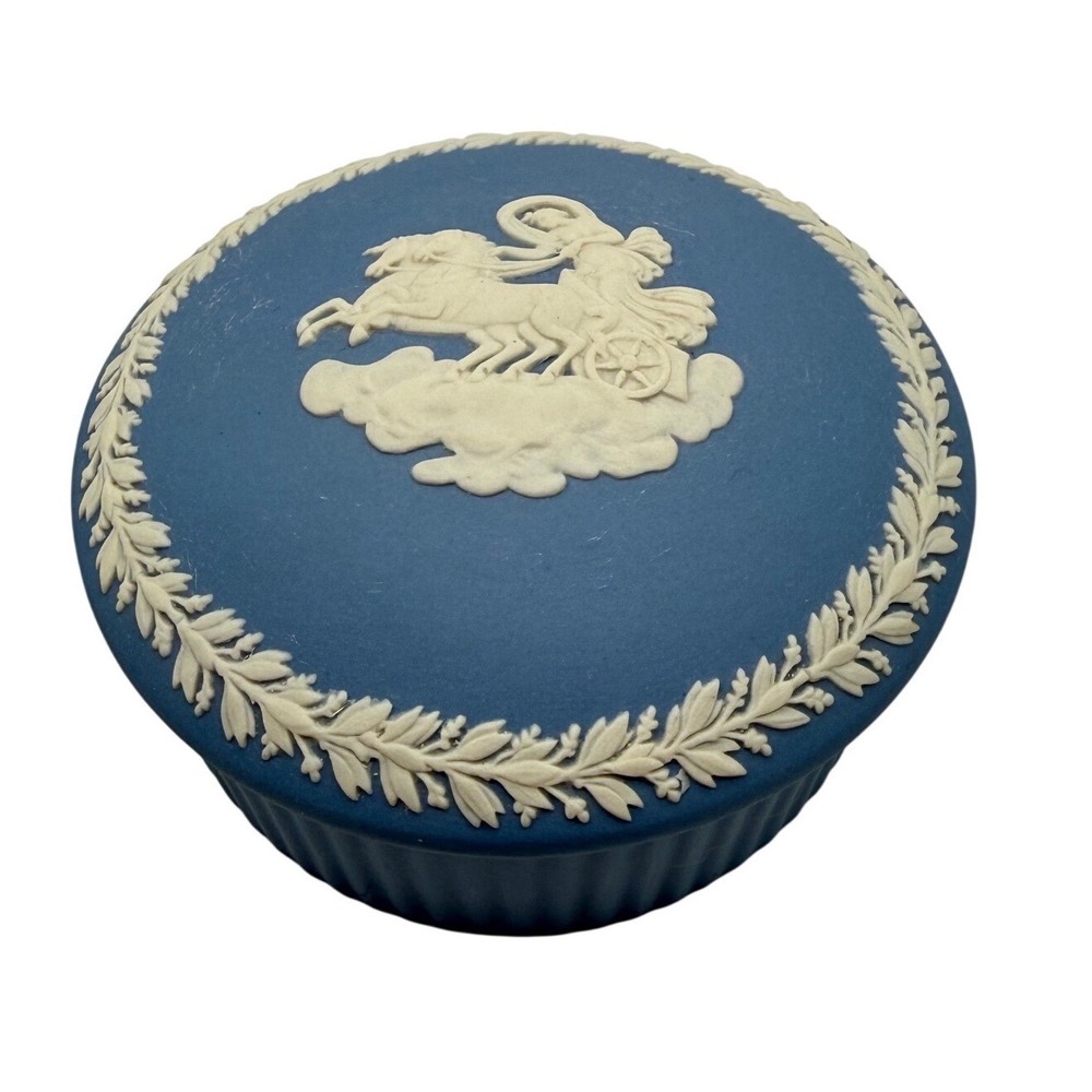 Wedgwood Jasperware Blue Aurora Chariot Round‎ Trinket Box Made in England